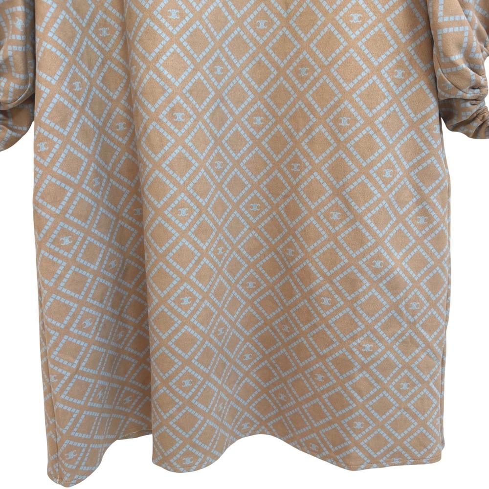 Boho Chic Womens Tan Blue Geometric Diamond Print Puff Sleeve Tunic Dress Size M - Picture 3 of 8